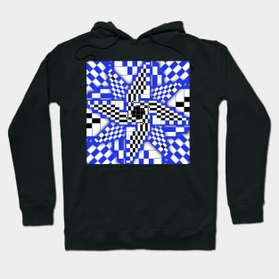 Blue Black and White Checkered Pinwheel Optical Illusion Hoodie